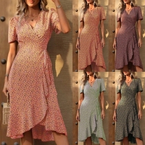 Fashion Floral Printed V-neck Short Sleeve Ruffle Slit Dress