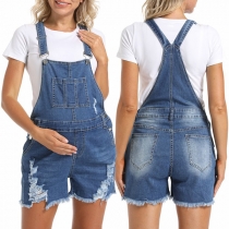 Fashion Old-washed Distressed Frayed Hemline Denim Maternity Romper