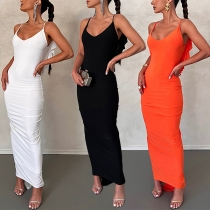 Sexy Solid Color V-neck Ruffled Backless Ruched Bodycon Maxi Party Dress