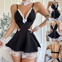 Sexy Lace Spliced V-neck Bowknot Backless Nightwear Dress