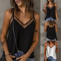 Casual Semi-through Gauze Spliced V-neck Sleeveless Cami Shirt