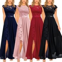 Elegant Lace Spliced Chiffon High-wasit Ruffled Slit Party Dress