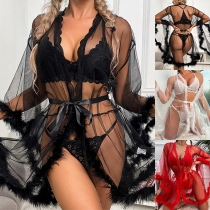 Sexy Semi-through Lace Spliced Plush Nightwear Robe
