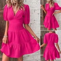 Fashion Solid Color V-neck Short Sleeve Tiered Dress