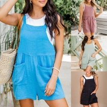 Casual Solid Color Patch Pockets Romper