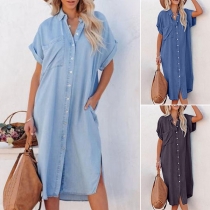 Casual Stand Collar Short Sleeve Buttoend Slit Dress