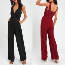 Fashion Solid Color V-neck Lace Spliced Wide-leg Jumpsuit
