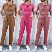 Fashion Solid Color Draped Neck Short Sleeve Drawstring Jumpsuit