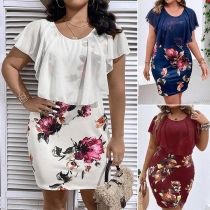 Fashion Chiffon Ruffled Spliced Floral Printed Round Neck Bodycon Plus-size Dress