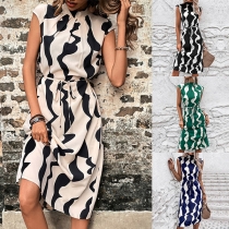 Fashion Printed Mock Neck Sleeveless Self-tie Dress
