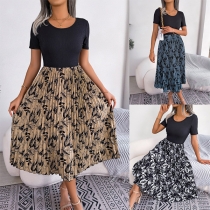 Fashion Contrast Color Floral Printed Round Neck Short Sleeve Pleated Dress