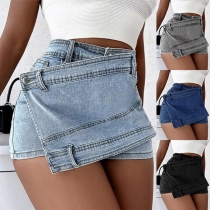 Street Fashion Old-washed Irregular Hemline Denim Skort
