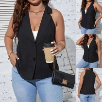 Elegant Solid Color Stand Collar Lapel V-neck Buttoned Sleeveless Vest