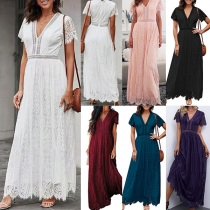 Fashion Lace Spliced V-neck Short Sleeve Party Dress