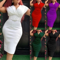 Elegant Solid Color V-neck Cap Sleeve Bodycon Dress with Belt