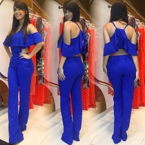 Sexy Off-shoulder Flouncing Solid Color Jumpsuit