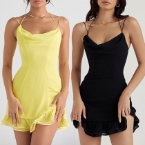 Sexy Solid Color Draped Backless Ruffled Hemline Slip Dress