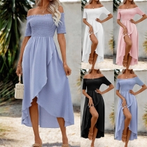 Sexy Off-the-shoulder Short Sleeve Smocked Irregular Hemline Dress