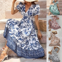 Vintage Floral Printed V-neck Puff Sleeve Midi Dress