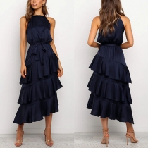Fashion Solid Color Sleeveless Self-tie Tiered Midi Dress