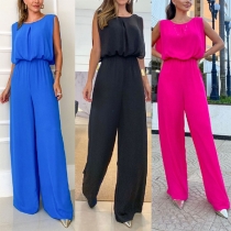 Sexy Solid Color Round Neck Backless Wide-leg Jumpsuit