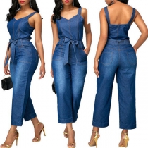Street Fashion Old-washed Self-tie Denim Jumpsuit
