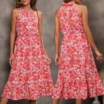 Vintage Floral Printed Halterneck Midi Dress