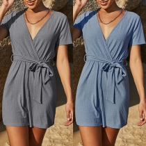 Casual Solid Color V-neck Short Sleeve Self-tie Romper