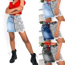 Street Fashion Old-washed Frayed Leopard Printed Zippered Denim Skirt