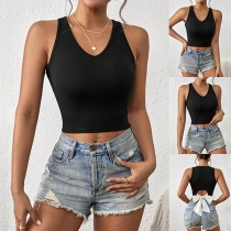 Sexy V-neck Back Bowknot Sleeveless Crop Top