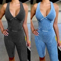 Street Fashion V-neck Backless Sleeveless Slim Fit Ribbed Romper