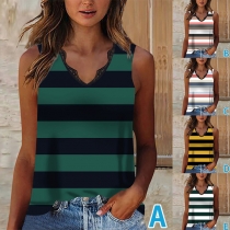 Casual Contrast Color Stripe Printed Lace Spliced Sleeveless Shirt