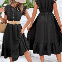 Fashion Lace Spliced Round Neck Sleeveless Midi Dress