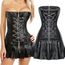 Sexy Strapless Chain Pleated Artificial Leather Croset Dress