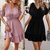 Street Fashion Open-shoulder V-neck Smocked Waist Mini Dress