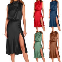 Fashion Solid Color Mock Neck Sleeveless Slit Satin Dress