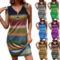 Casual Contrast Color Stripe Printed Buttoned V-neck Sleeveless Tank Dress