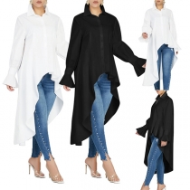 Street Fashion Stand Collar Long Sleeve High-low Hemline Shirt