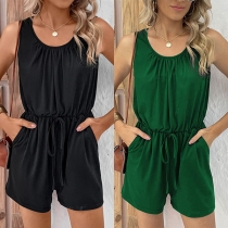 Casual Solid Color Round Neck Sleeveless Drawstring Romper