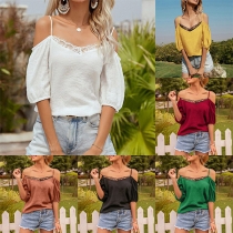 Casual Off-the-shoulder Lace Spliced Short Sleeve Cami Shirt