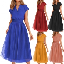 Fashion Solid Color V-neck Cap Sleeve Gauze Splcied Dress