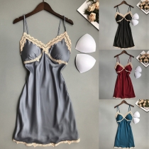 Sexy Lace Spliced V-neck Satin Nightwear Dress