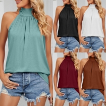 Casual Solid Color Self-tie Halterneck Sleeveless Shirt