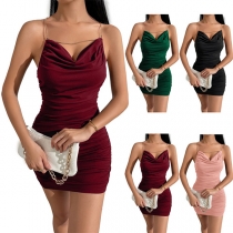 Sexig enfärgad draperad halsringning Cross-criss rygglös Rynkad Bodycon Klänning