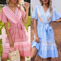 Fashion Printed V-neck Short Sleeve Self-tie Dress