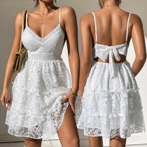 Fashion Sexy V-neck Back-tie Bowknot White Lace Slip Dress