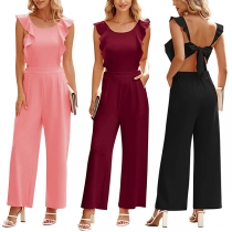 Fashion Round Neck Ruffled Sleeveless Self-tie Backless Wide-leg Jumpsuit