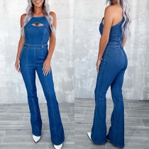 Street Fashion Front Cutout Round Neck Sleeveless Flared Denim Jumpsuit