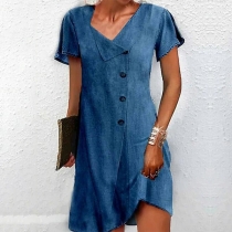 Fashion V-neck Short Sleeve Buttoned Denim Dress