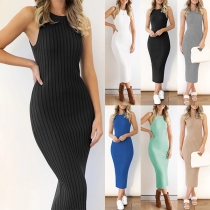 Fashion Solid Color Round Neck Sleeveless Back Slit Ribbed Bodycon Dress